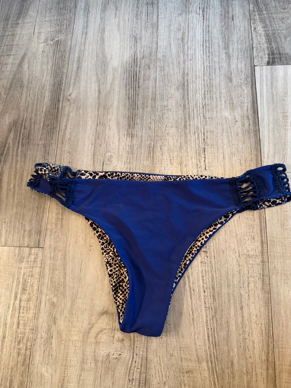 Acacia Swimwear Leopard & Blue Crochet Side Cheeky Bikini Bottoms Large